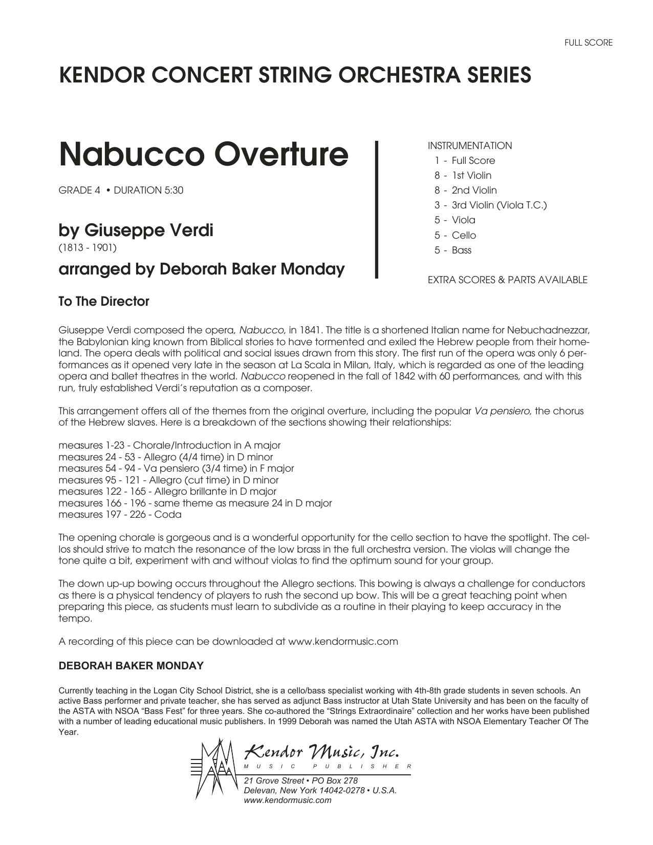Deborah Baker Monday Nabucco Overture Full Score Sheet Music Notes