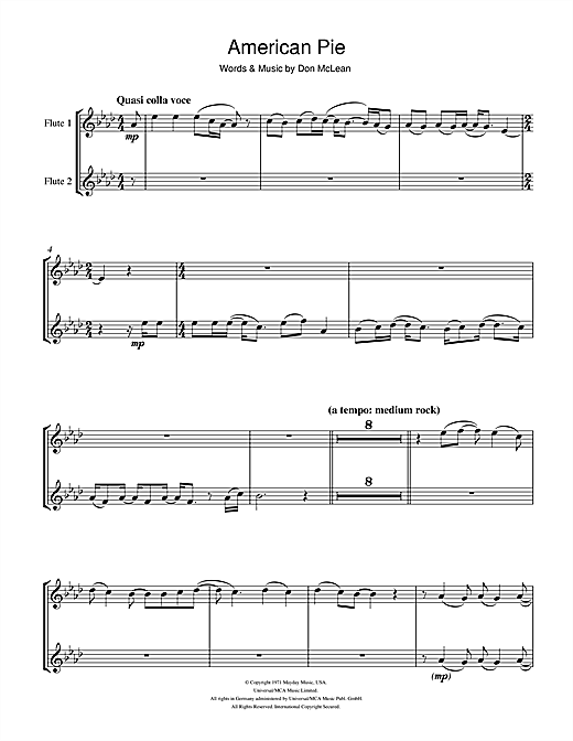 Learn to play Madonna American Pie sheet music for Flute Duet in minutes. Madonna American Pie sheet music notes and chords. Download Printable PDF.