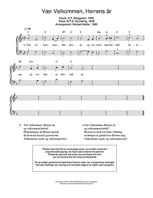 Learn to play A.P. Berggreen Vær Velkommen, Herrens År sheet music for Piano in minutes. A.P. Berggreen Vær Velkommen, Herrens År sheet music notes and chords. Download Printable PDF.