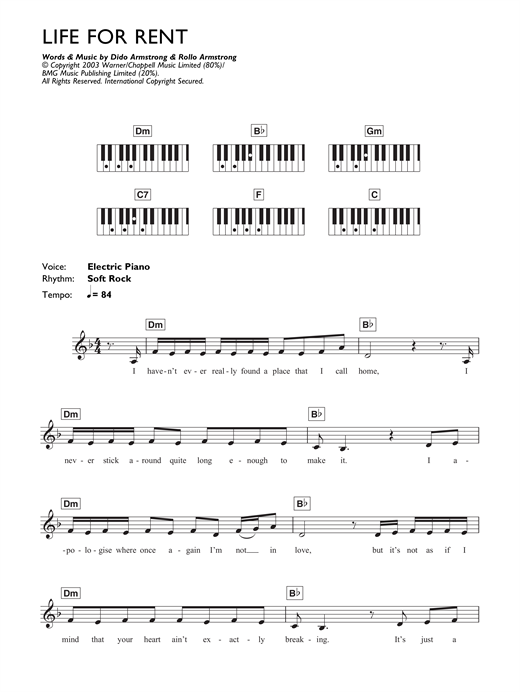 Learn to play Dido Life For Rent sheet music for Keyboard in minutes. Dido Life For Rent sheet music notes and chords. Download Printable PDF.