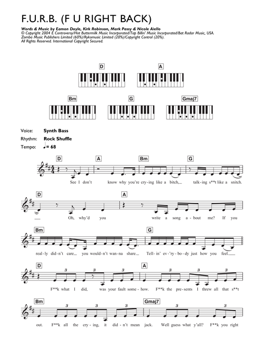 Learn to play Frankee F.U.R.B. (F.U. Right Back) sheet music for Keyboard in minutes. Frankee F.U.R.B. (F.U. Right Back) sheet music notes and chords. Download Printable PDF.