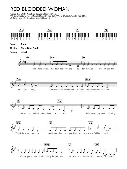 Learn to play Kylie Minogue Red Blooded Woman sheet music for Keyboard in minutes. Kylie Minogue Red Blooded Woman sheet music notes and chords. Download Printable PDF.
