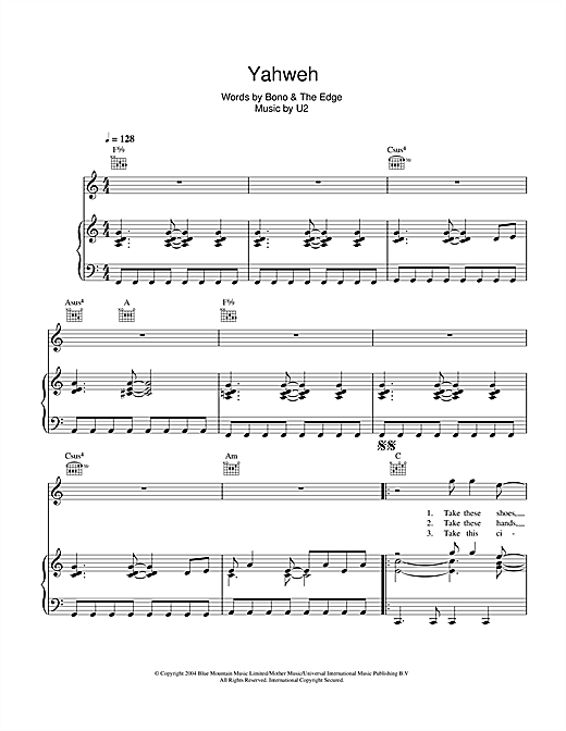 Learn to play U2 Yahweh sheet music for Piano, Vocal & Guitar (Right-Hand Melody) in minutes. U2 Yahweh sheet music notes and chords. Download Printable PDF.