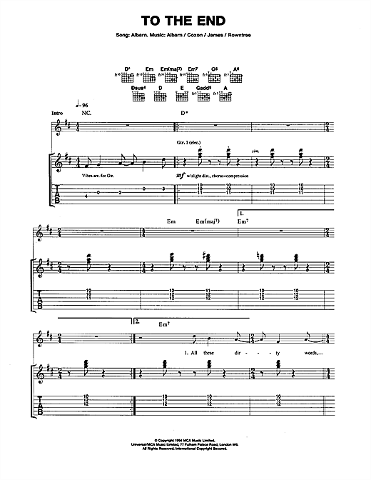 Learn to play Blur To The End sheet music for Guitar Tab in minutes. Blur To The End sheet music notes and chords. Download Printable PDF.