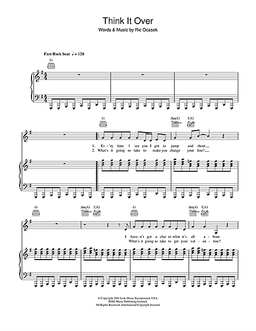 Learn to play The Cars Think It Over sheet music for Piano, Vocal & Guitar in minutes. The Cars Think It Over sheet music notes and chords. Download Printable PDF.