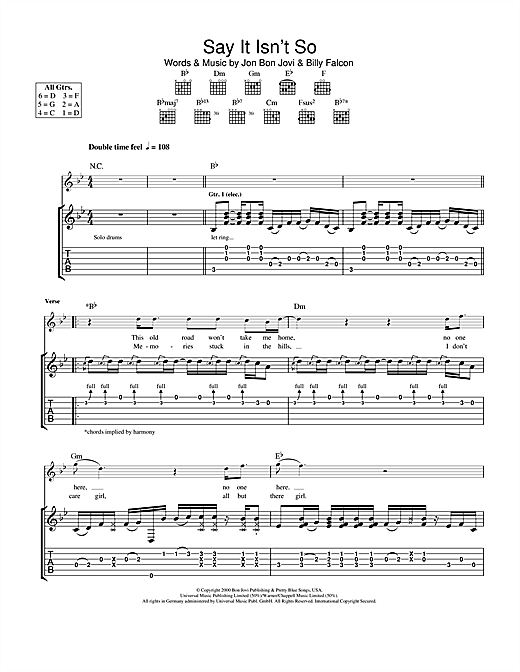 Learn to play Bon Jovi Say It Isn't So sheet music for Guitar Tab in minutes. Bon Jovi Say It Isn't So sheet music notes and chords. Download Printable PDF.