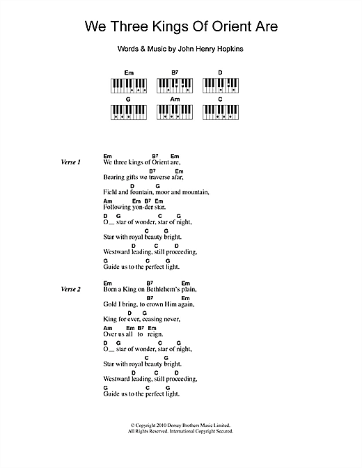 Learn to play Christmas Carol We Three Kings Of Orient Are sheet music for Lyrics & Piano Chords in minutes. Christmas Carol We Three Kings Of Orient Are sheet music notes and chords. Download Printable PDF.
