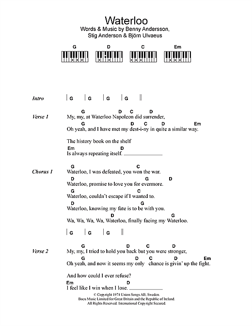 Learn to play ABBA Waterloo sheet music for Lyrics & Piano Chords in minutes. ABBA Waterloo sheet music notes and chords. Download Printable PDF.