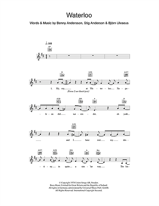 Learn to play ABBA Waterloo sheet music for Melody Line, Lyrics & Chords in minutes. ABBA Waterloo sheet music notes and chords. Download Printable PDF.