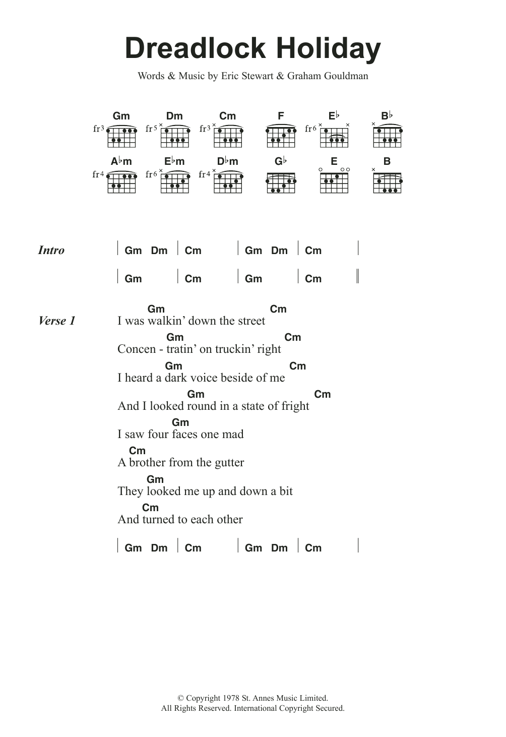 Download 10cc Dreadlock Holiday Sheet Music and learn how to play Lyrics & Chords PDF digital score in minutes