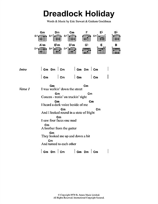 Download 10cc Dreadlock Holiday Sheet Music and learn how to play Lyrics & Chords PDF digital score in minutes