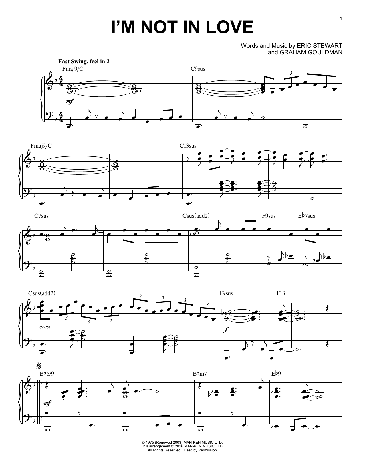 Download 10Cc I'm Not In Love [Jazz version] (arr. Brent Edstrom) Sheet Music and learn how to play Piano Solo PDF digital score in minutes