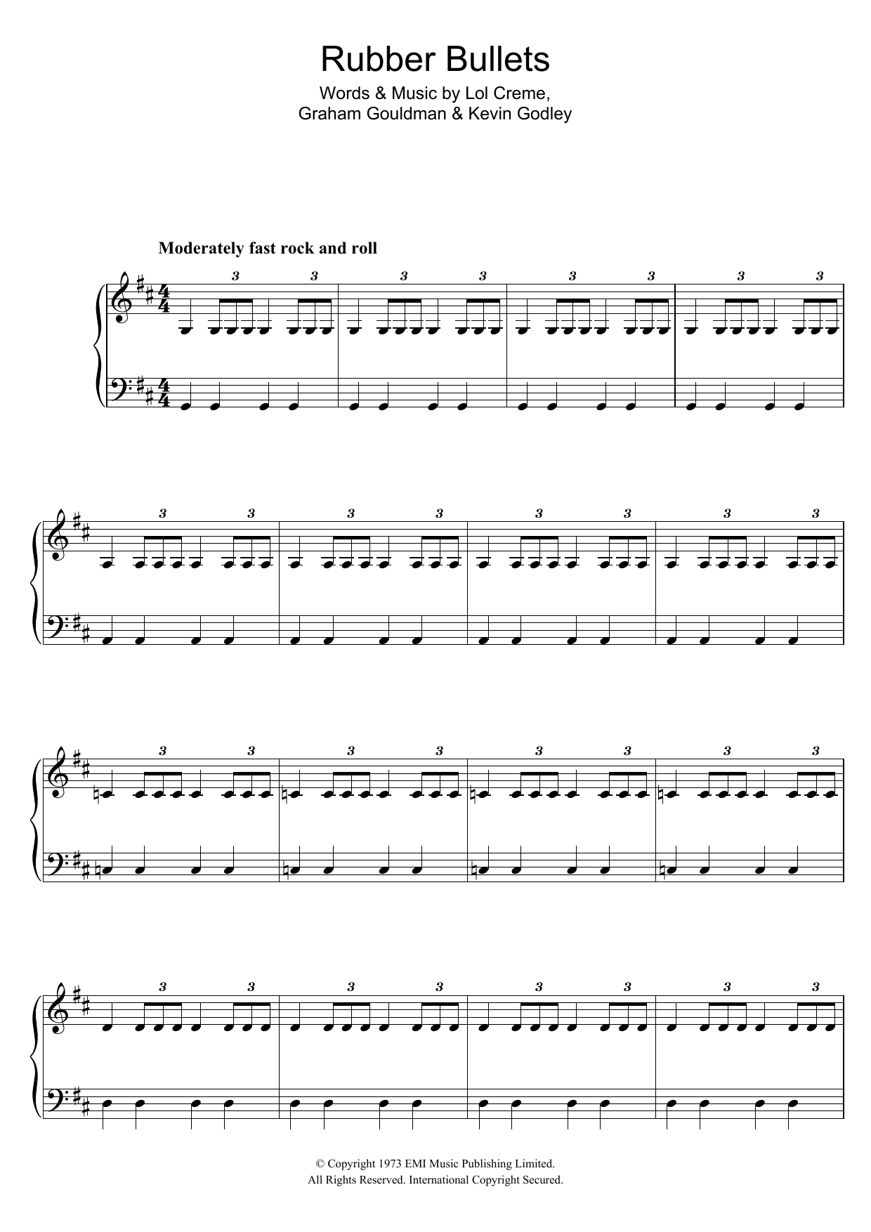 Download 10cc Rubber Bullets Sheet Music and learn how to play Piano, Vocal & Guitar (Right-Hand Melody) PDF digital score in minutes
