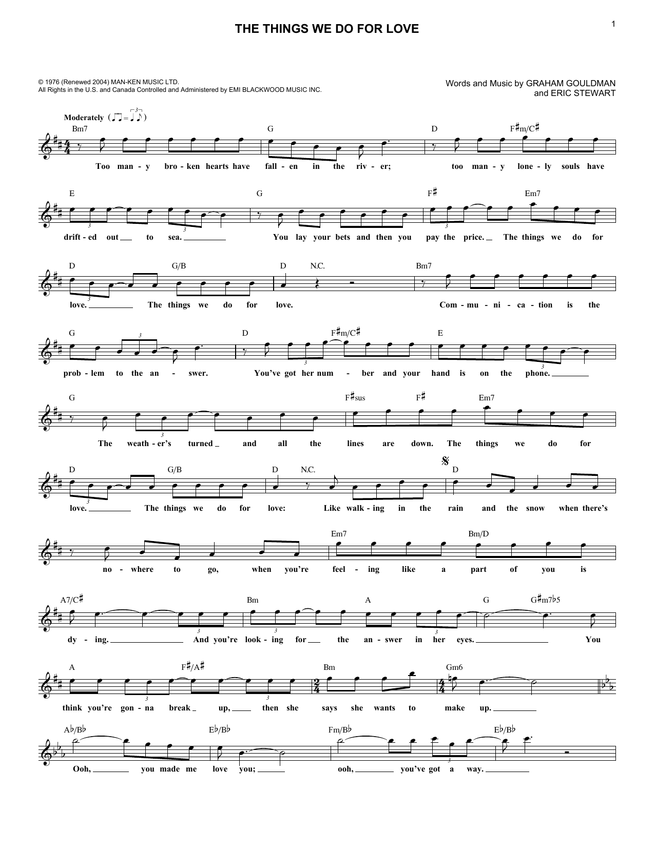 Download 10Cc Things We Do For Love Sheet Music and learn how to play Lead Sheet / Fake Book PDF digital score in minutes