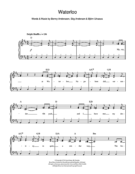 Learn to play ABBA Waterloo sheet music for Piano & Vocal in minutes. ABBA Waterloo sheet music notes and chords. Download Printable PDF.
