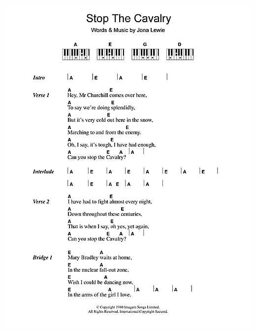 Learn to play Jona Lewie Stop The Cavalry sheet music for Lyrics & Piano Chords in minutes. Jona Lewie Stop The Cavalry sheet music notes and chords. Download Printable PDF.