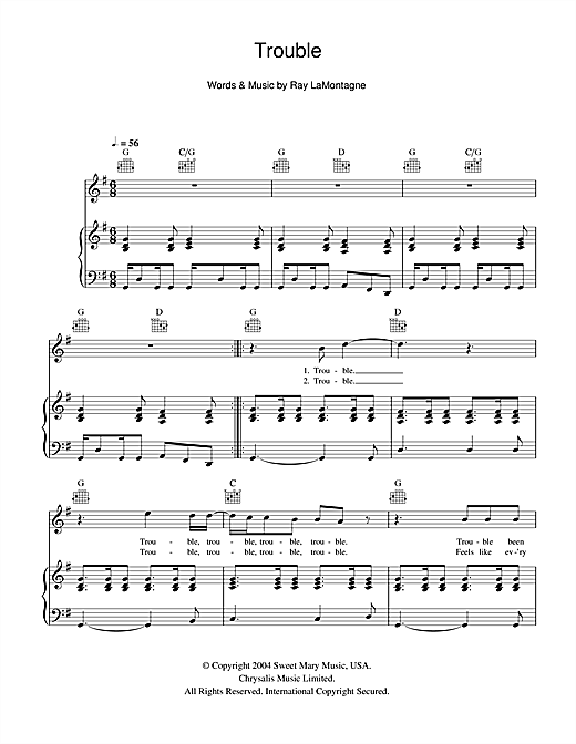 Learn to play Ray LaMontagne Trouble sheet music for Piano, Vocal & Guitar in minutes. Ray LaMontagne Trouble sheet music notes and chords. Download Printable PDF.