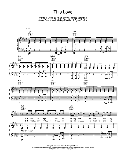 Learn to play Maroon 5 This Love sheet music for Piano, Vocal & Guitar in minutes. Maroon 5 This Love sheet music notes and chords. Download Printable PDF.