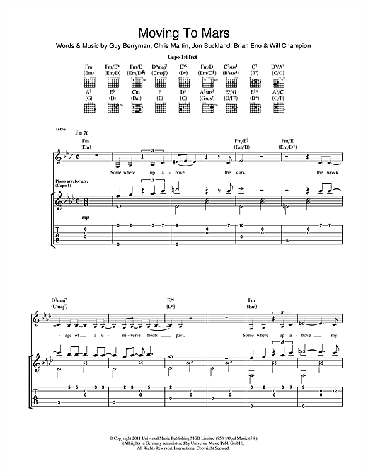 Learn to play Coldplay Moving To Mars sheet music for Guitar Tab in minutes. Coldplay Moving To Mars sheet music notes and chords. Download Printable PDF.