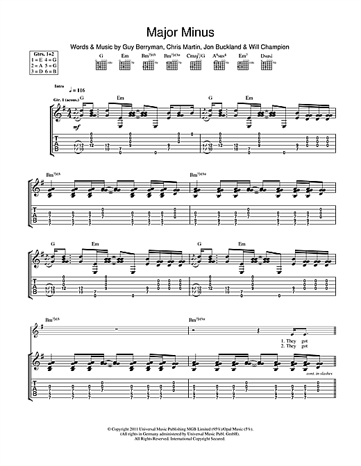 Learn to play Coldplay Major Minus sheet music for Guitar Tab in minutes. Coldplay Major Minus sheet music notes and chords. Download Printable PDF.