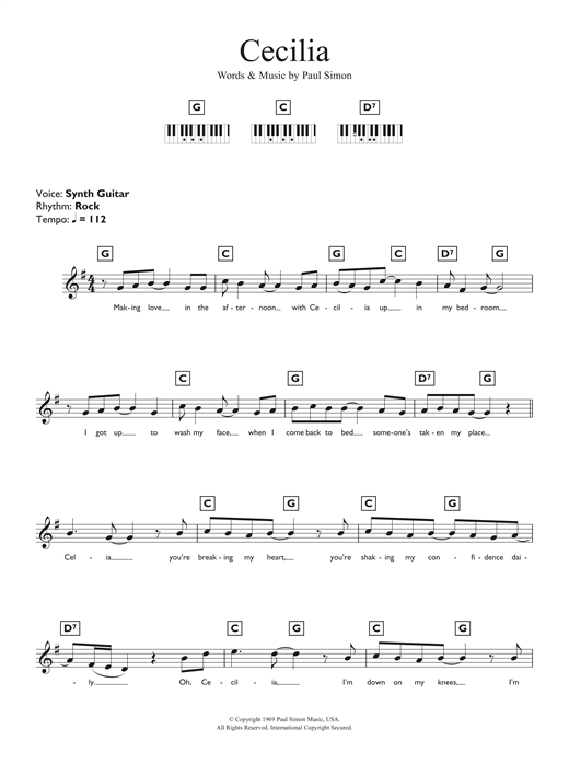 Learn to play Simon & Garfunkel Cecilia sheet music for Keyboard in minutes. Simon & Garfunkel Cecilia sheet music notes and chords. Download Printable PDF.