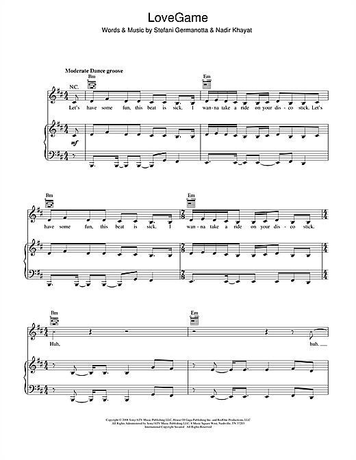 Learn to play Lady Gaga LoveGame sheet music for Piano, Vocal & Guitar (Right-Hand Melody) in minutes. Lady Gaga LoveGame sheet music notes and chords. Download Printable PDF.