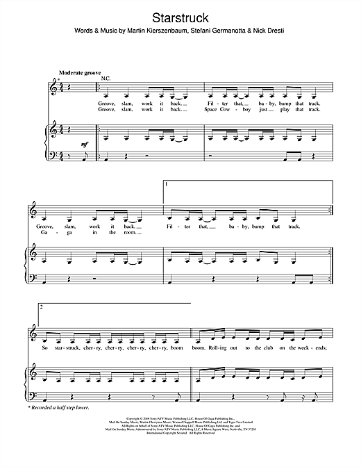 Learn to play Lady Gaga Starstruck sheet music for Piano, Vocal & Guitar (Right-Hand Melody) in minutes. Lady Gaga Starstruck sheet music notes and chords. Download Printable PDF.