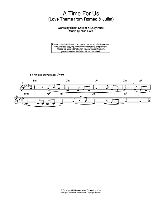 Learn to play Nino Rota A Time For Us (Love Theme from Romeo & Juliet) sheet music for Alto Saxophone in minutes. Nino Rota A Time For Us (Love Theme from Romeo & Juliet) sheet music notes and chords. Download Printable PDF.