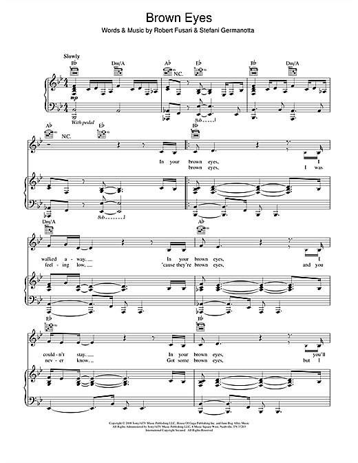 Learn to play Lady Gaga Brown Eyes sheet music for Piano, Vocal & Guitar (Right-Hand Melody) in minutes. Lady Gaga Brown Eyes sheet music notes and chords. Download Printable PDF.