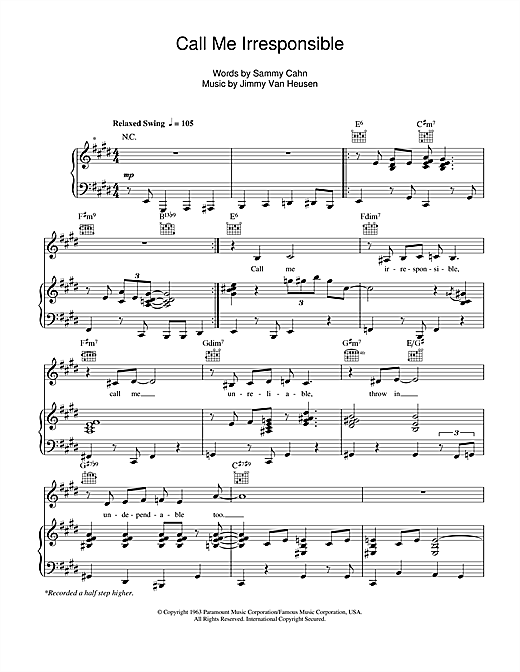 Learn to play Michael Buble Call Me Irresponsible sheet music for Piano, Vocal & Guitar in minutes. Michael Buble Call Me Irresponsible sheet music notes and chords. Download Printable PDF.