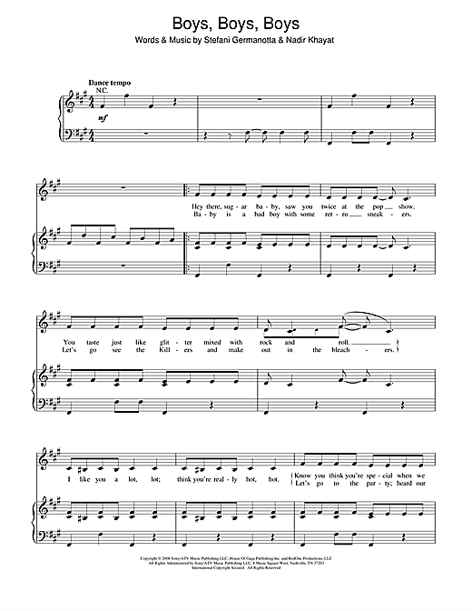 Learn to play Lady Gaga Boys, Boys, Boys sheet music for Piano, Vocal & Guitar (Right-Hand Melody) in minutes. Lady Gaga Boys, Boys, Boys sheet music notes and chords. Download Printable PDF.