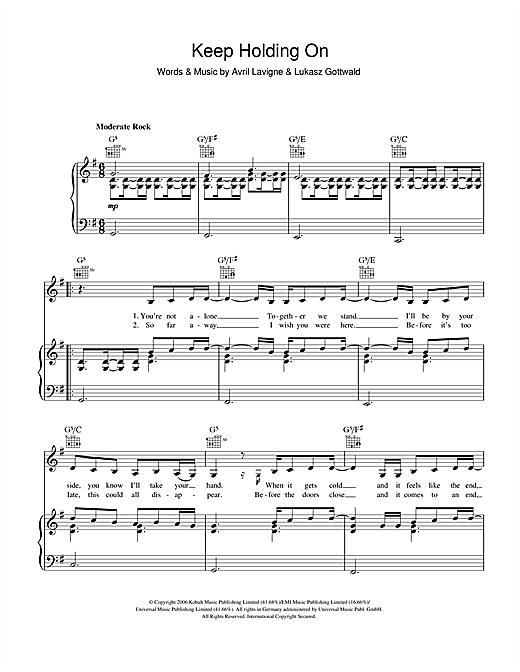 Learn to play Avril Lavigne Keep Holding On sheet music for Piano, Vocal & Guitar (Right-Hand Melody) in minutes. Avril Lavigne Keep Holding On sheet music notes and chords. Download Printable PDF.