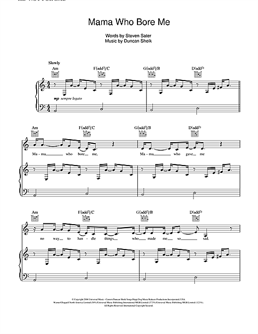 Learn to play Duncan Sheik Mama Who Bore Me (from Spring Awakening) sheet music for Piano, Vocal & Guitar in minutes. Duncan Sheik Mama Who Bore Me (from Spring Awakening) sheet music notes and chords. Download Printable PDF.