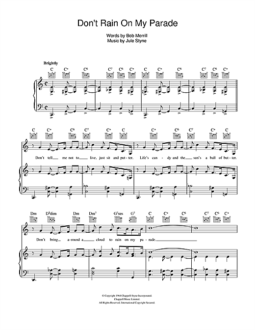 Learn to play Jule Styne Don't Rain On My Parade sheet music for Piano, Vocal & Guitar (Right-Hand Melody) in minutes. Jule Styne Don't Rain On My Parade sheet music notes and chords. Download Printable PDF.