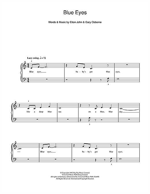 Learn to play Elton John Blue Eyes sheet music for 5-Finger Piano in minutes. Elton John Blue Eyes sheet music notes and chords. Download Printable PDF.