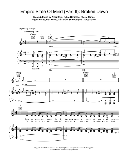 Learn to play Alicia Keys Empire State Of Mind (Part II) Broken Down sheet music for Piano, Vocal & Guitar (Right-Hand Melody) in minutes. Alicia Keys Empire State Of Mind (Part II) Broken Down sheet music notes and chords. Download Printable PDF.