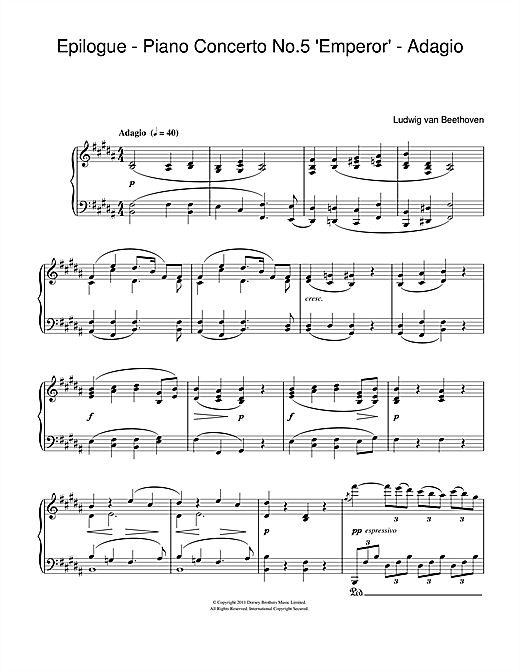 Learn to play Ludwig van Beethoven Epilogue (Piano Concerto No.5 "Emperor" - Adagio) (from The King's Speech) sheet music for Piano in minutes. Ludwig van Beethoven Epilogue (Piano Concerto No.5