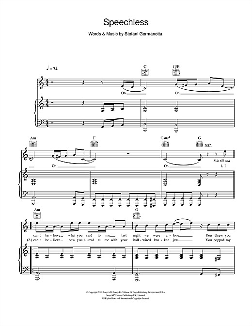 Learn to play Lady GaGa Speechless sheet music for Piano, Vocal & Guitar in minutes. Lady GaGa Speechless sheet music notes and chords. Download Printable PDF.