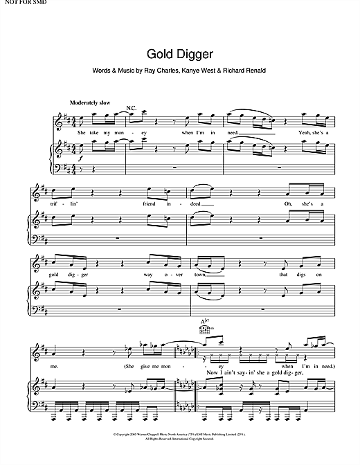 Learn to play Kanye West Gold Digger sheet music for Piano, Vocal & Guitar (Right-Hand Melody) in minutes. Kanye West Gold Digger sheet music notes and chords. Download Printable PDF.