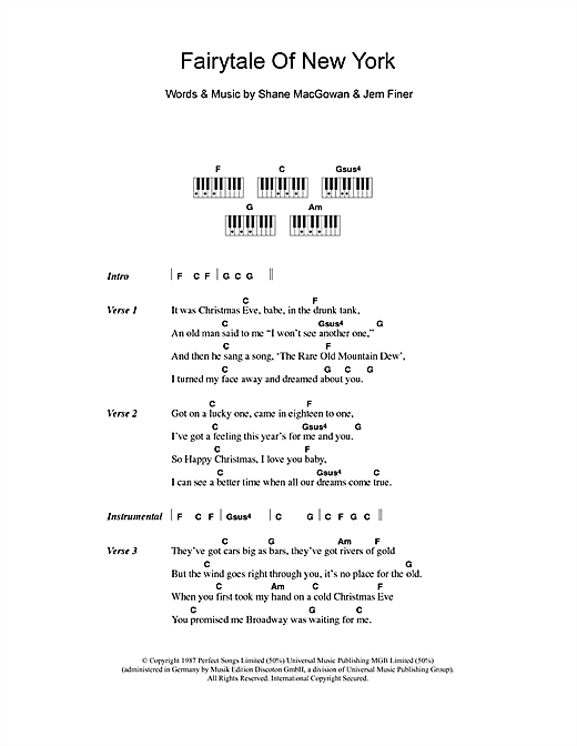Learn to play The Pogues & Kirsty MacColl Fairytale Of New York sheet music for Lyrics & Piano Chords in minutes. The Pogues & Kirsty MacColl Fairytale Of New York sheet music notes and chords. Download Printable PDF.