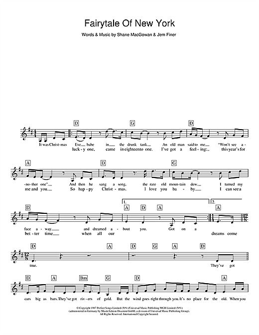 Learn to play The Pogues & Kirsty MacColl Fairytale Of New York sheet music for Melody Line, Lyrics & Chords in minutes. The Pogues & Kirsty MacColl Fairytale Of New York sheet music notes and chords. Download Printable PDF.