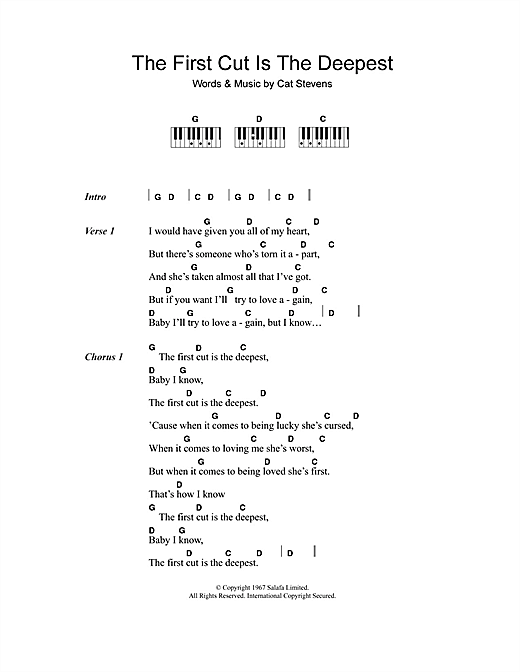 Learn to play Cat Stevens The First Cut Is The Deepest sheet music for Lyrics & Piano Chords in minutes. Cat Stevens The First Cut Is The Deepest sheet music notes and chords. Download Printable PDF.