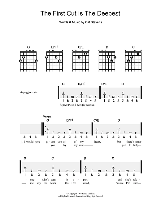 Learn to play Cat Stevens The First Cut Is The Deepest sheet music for Guitar in minutes. Cat Stevens The First Cut Is The Deepest sheet music notes and chords. Download Printable PDF.