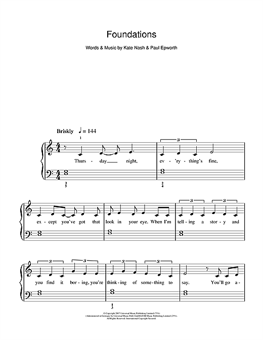 Learn to play Kate Nash Foundations sheet music for 5-Finger Piano in minutes. Kate Nash Foundations sheet music notes and chords. Download Printable PDF.