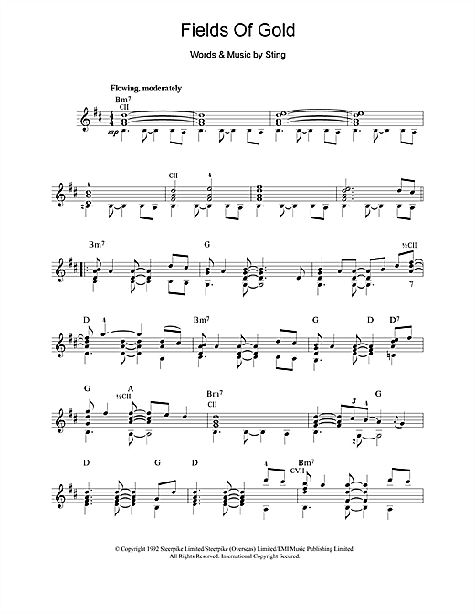 Learn to play Sting Fields Of Gold sheet music for Guitar in minutes. Sting Fields Of Gold sheet music notes and chords. Download Printable PDF.