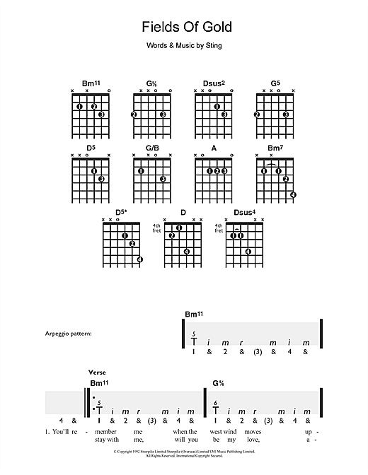 Learn to play Sting Fields Of Gold sheet music for Guitar in minutes. Sting Fields Of Gold sheet music notes and chords. Download Printable PDF.