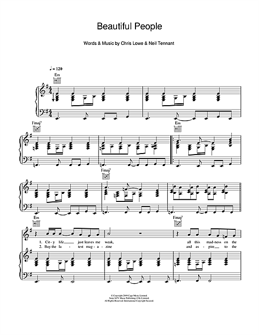 Learn to play Pet Shop Boys Beautiful People sheet music for Piano, Vocal & Guitar in minutes. Pet Shop Boys Beautiful People sheet music notes and chords. Download Printable PDF.