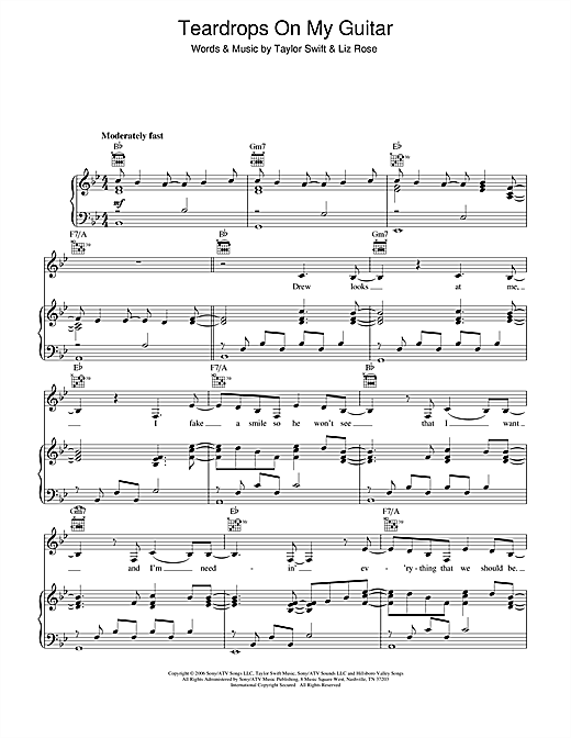 Learn to play Taylor Swift Teardrops On My Guitar sheet music for Piano, Vocal & Guitar (Right-Hand Melody) in minutes. Taylor Swift Teardrops On My Guitar sheet music notes and chords. Download Printable PDF.
