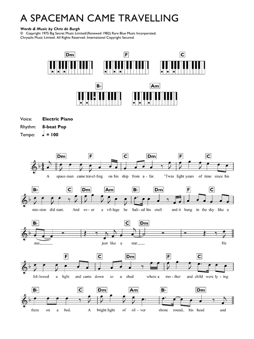 Learn to play Chris De Burgh A Spaceman Came Travelling sheet music for Keyboard in minutes. Chris De Burgh A Spaceman Came Travelling sheet music notes and chords. Download Printable PDF.