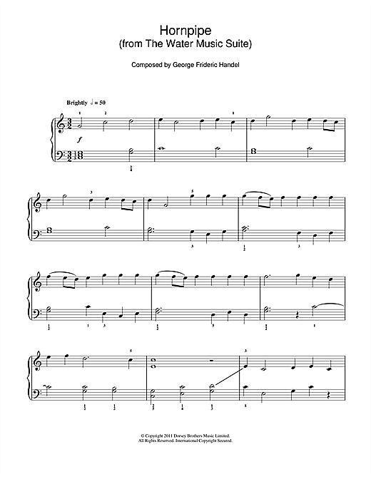 Learn to play George Frideric Handel Hornpipe (from The Water Music Suite) sheet music for Beginner Piano in minutes. George Frideric Handel Hornpipe (from The Water Music Suite) sheet music notes and chords. Download Printable PDF.